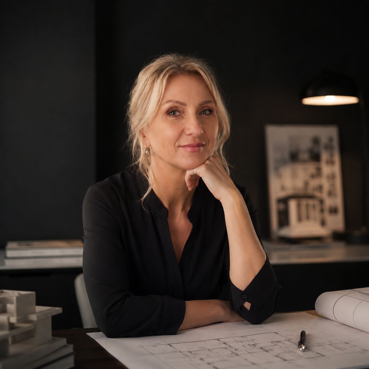 Adria Interiors an ihrem Arbeitsplatz mit Planungsunterlagen